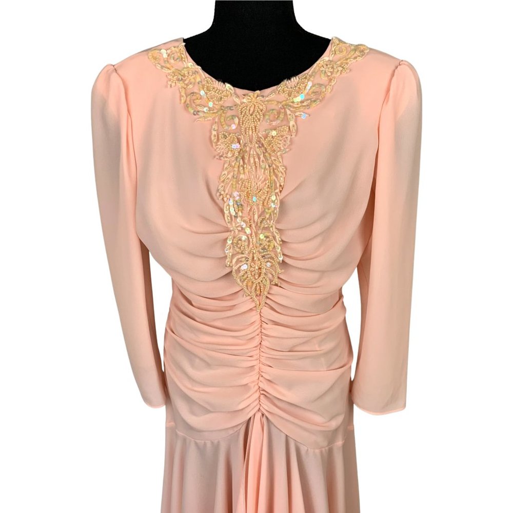 VINTAGE 80s Pink Beaded Long Sleeve Midi Party Dress - Picture 3 of 13